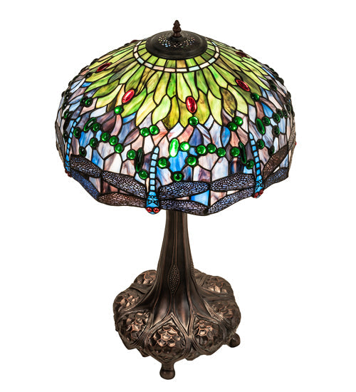 Meyda Lighting Tiffany Hanginghead Dragonfly 47552 31" 3-Light Mahogany Bronze Table Lamp With Multi-Colored Shade Glass