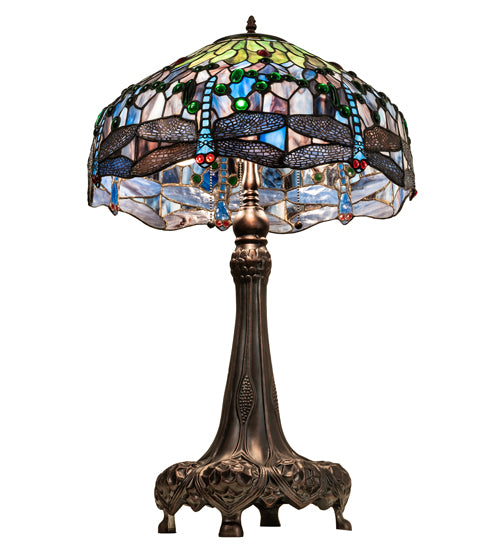 Meyda Lighting Tiffany Hanginghead Dragonfly 47552 31" 3-Light Mahogany Bronze Table Lamp With Multi-Colored Shade Glass