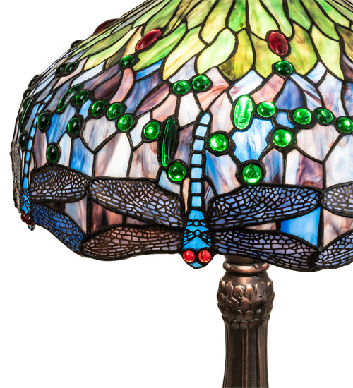 Meyda Lighting Tiffany Hanginghead Dragonfly 47552 31" 3-Light Mahogany Bronze Table Lamp With Multi-Colored Shade Glass
