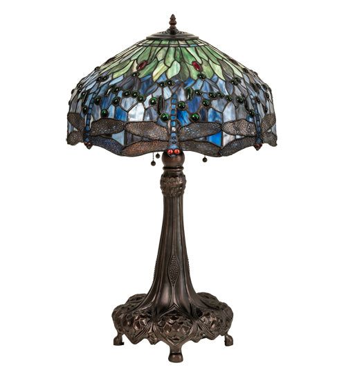 Meyda Lighting Tiffany Hanginghead Dragonfly 47552 31" 3-Light Mahogany Bronze Table Lamp With Multi-Colored Shade Glass