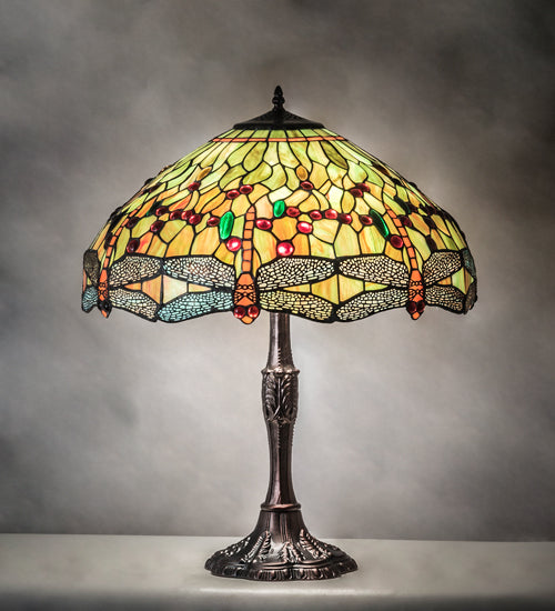 Meyda Lighting Tiffany Hanginghead Dragonfly 47960 26" 3-Light Mahogany Bronze Table Lamp With Multi-Colored Shade Glass