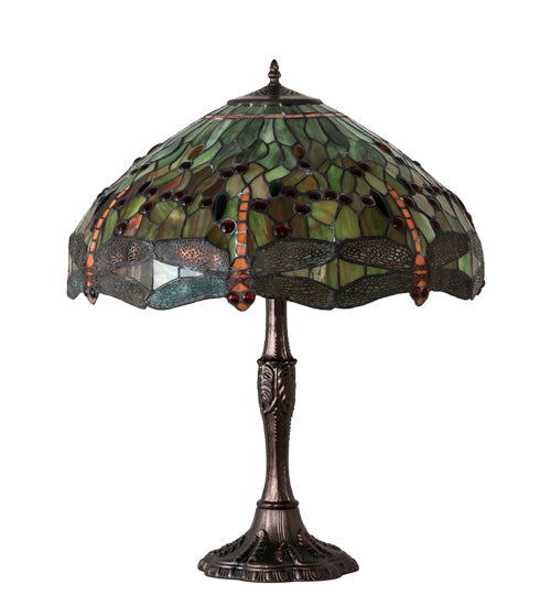 Meyda Lighting Tiffany Hanginghead Dragonfly 47960 26" 3-Light Mahogany Bronze Table Lamp With Multi-Colored Shade Glass