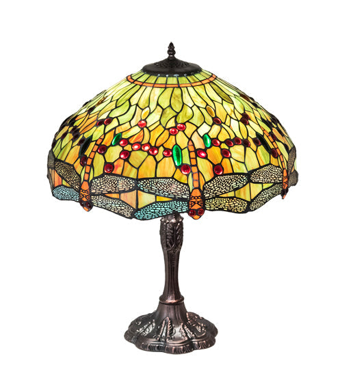 Meyda Lighting Tiffany Hanginghead Dragonfly 47960 26" 3-Light Mahogany Bronze Table Lamp With Multi-Colored Shade Glass