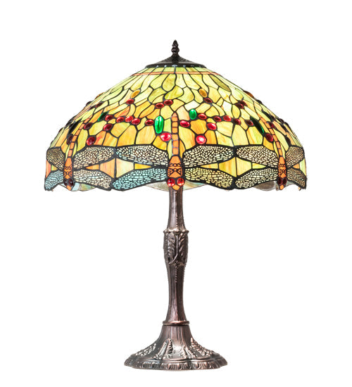 Meyda Lighting Tiffany Hanginghead Dragonfly 47960 26" 3-Light Mahogany Bronze Table Lamp With Multi-Colored Shade Glass