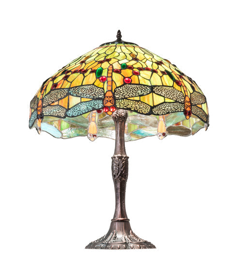 Meyda Lighting Tiffany Hanginghead Dragonfly 47960 26" 3-Light Mahogany Bronze Table Lamp With Multi-Colored Shade Glass
