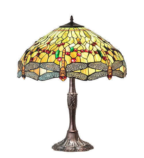 Meyda Lighting Tiffany Hanginghead Dragonfly 47960 26" 3-Light Mahogany Bronze Table Lamp With Multi-Colored Shade Glass