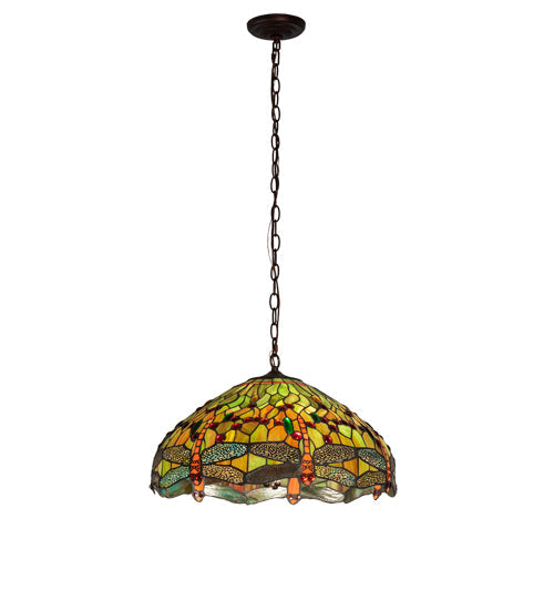 Meyda Lighting Tiffany Hanginghead Dragonfly 51185 20" 3-Light Mahogany Bronze Pendant Light With Multi-Colored Shade Glass