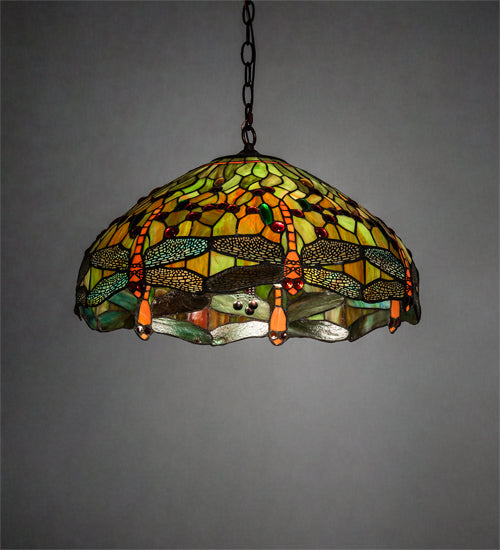Meyda Lighting Tiffany Hanginghead Dragonfly 51185 20" 3-Light Mahogany Bronze Pendant Light With Multi-Colored Shade Glass