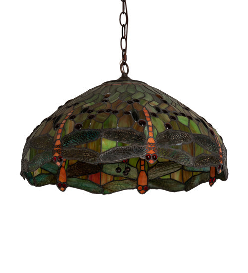 Meyda Lighting Tiffany Hanginghead Dragonfly 51185 20" 3-Light Mahogany Bronze Pendant Light With Multi-Colored Shade Glass
