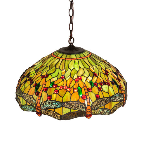 Meyda Lighting Tiffany Hanginghead Dragonfly 51185 20" 3-Light Mahogany Bronze Pendant Light With Multi-Colored Shade Glass