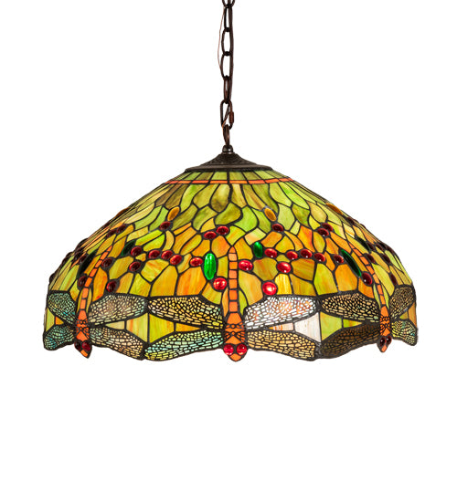 Meyda Lighting Tiffany Hanginghead Dragonfly 51185 20" 3-Light Mahogany Bronze Pendant Light With Multi-Colored Shade Glass