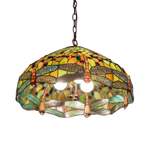 Meyda Lighting Tiffany Hanginghead Dragonfly 51185 20" 3-Light Mahogany Bronze Pendant Light With Multi-Colored Shade Glass
