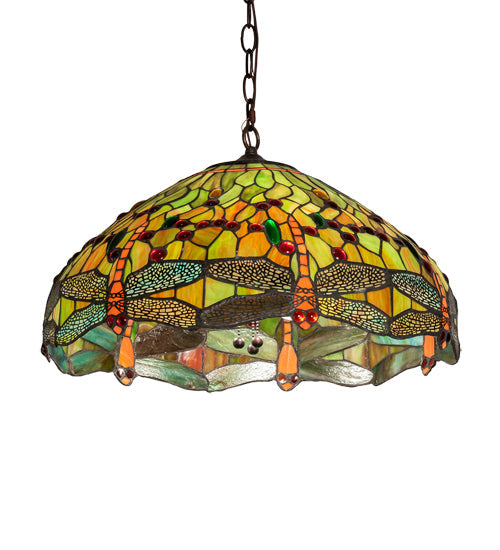Meyda Lighting Tiffany Hanginghead Dragonfly 51185 20" 3-Light Mahogany Bronze Pendant Light With Multi-Colored Shade Glass