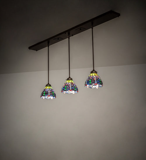 Meyda Lighting Tiffany Hanginghead Dragonfly 56" 3-Light Mahogany Bronze Island Pendant Light With Multi-Colored Shade Glass
