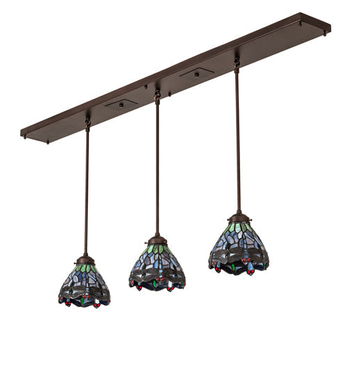 Meyda Lighting Tiffany Hanginghead Dragonfly 56" 3-Light Mahogany Bronze Island Pendant Light With Multi-Colored Shade Glass