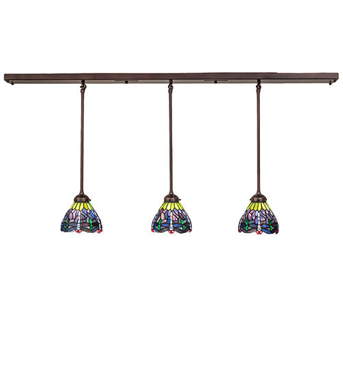 Meyda Lighting Tiffany Hanginghead Dragonfly 56" 3-Light Mahogany Bronze Island Pendant Light With Multi-Colored Shade Glass