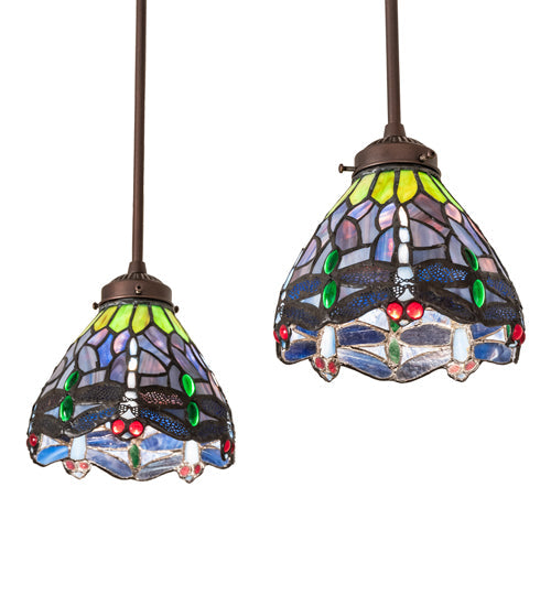 Meyda Lighting Tiffany Hanginghead Dragonfly 56" 3-Light Mahogany Bronze Island Pendant Light With Multi-Colored Shade Glass
