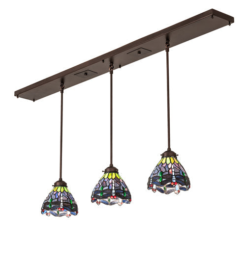 Meyda Lighting Tiffany Hanginghead Dragonfly 56" 3-Light Mahogany Bronze Island Pendant Light With Multi-Colored Shade Glass