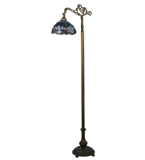 Meyda Lighting Tiffany Hanginghead Dragonfly 61" Antique Brass Bridge Arm Floor Lamp Base With Multi-Colored Shade Glass