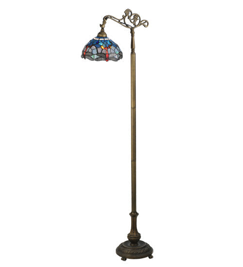 Meyda Lighting Tiffany Hanginghead Dragonfly 61" Antique Brass Bridge Arm Floor Lamp Base With Multi-Colored Shade Glass