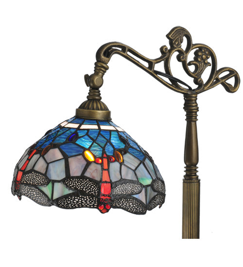 Meyda Lighting Tiffany Hanginghead Dragonfly 61" Antique Brass Bridge Arm Floor Lamp Base With Multi-Colored Shade Glass