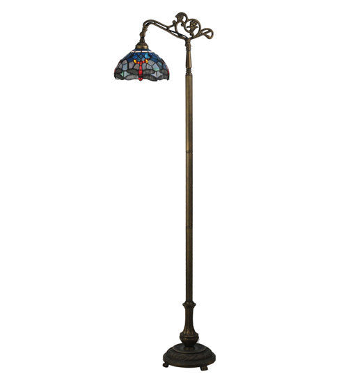 Meyda Lighting Tiffany Hanginghead Dragonfly 61" Antique Brass Bridge Arm Floor Lamp Base With Multi-Colored Shade Glass