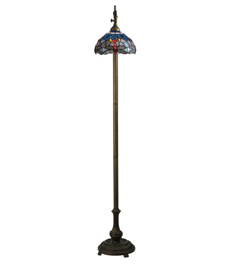 Meyda Lighting Tiffany Hanginghead Dragonfly 61" Antique Brass Bridge Arm Floor Lamp Base With Multi-Colored Shade Glass