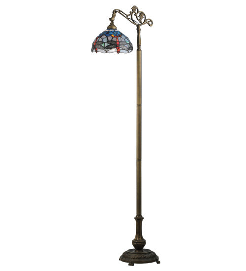 Meyda Lighting Tiffany Hanginghead Dragonfly 61" Antique Brass Bridge Arm Floor Lamp Base With Multi-Colored Shade Glass