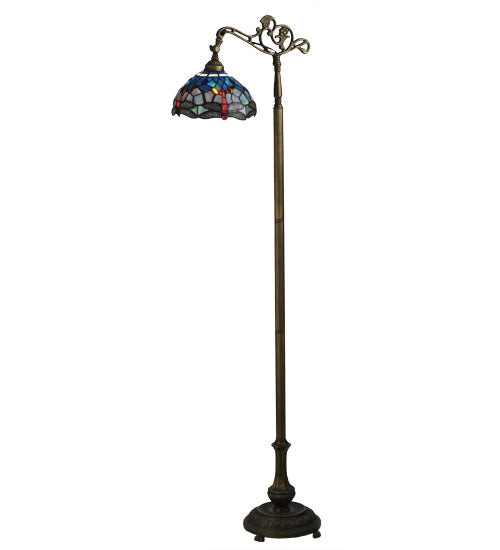 Meyda Lighting Tiffany Hanginghead Dragonfly 61" Antique Brass Bridge Arm Floor Lamp Base With Multi-Colored Shade Glass