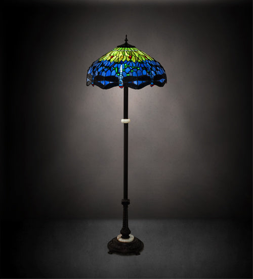 Meyda Lighting Tiffany Hanginghead Dragonfly 62" 3-Light Mahogany Bronze Floor Lamp With Green & Blue Shade Glass