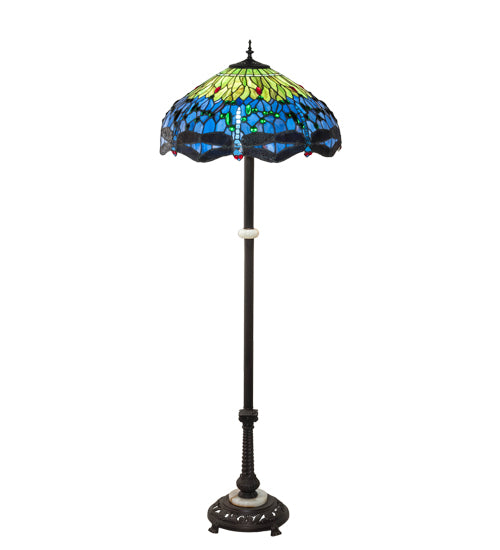 Meyda Lighting Tiffany Hanginghead Dragonfly 62" 3-Light Mahogany Bronze Floor Lamp With Green & Blue Shade Glass