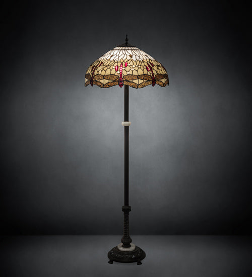 Meyda Lighting Tiffany Hanginghead Dragonfly 62" 3-Light Mahogany Bronze Floor Lamp With Ruby & Amber Shade Glass