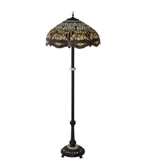 Meyda Lighting Tiffany Hanginghead Dragonfly 62" 3-Light Mahogany Bronze Floor Lamp With Ruby & Amber Shade Glass