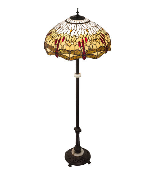 Meyda Lighting Tiffany Hanginghead Dragonfly 62" 3-Light Mahogany Bronze Floor Lamp With Ruby & Amber Shade Glass