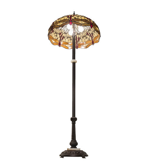 Meyda Lighting Tiffany Hanginghead Dragonfly 62" 3-Light Mahogany Bronze Floor Lamp With Ruby & Amber Shade Glass