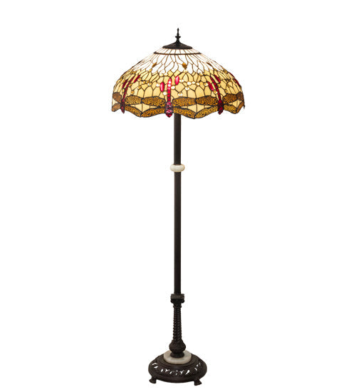 Meyda Lighting Tiffany Hanginghead Dragonfly 62" 3-Light Mahogany Bronze Floor Lamp With Ruby & Amber Shade Glass