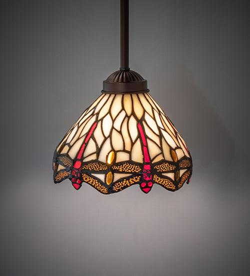 Meyda Lighting Tiffany Hanginghead Dragonfly 7" Mahogany Bronze Mini Pendant Light With Ruby & Beige Shade Glass