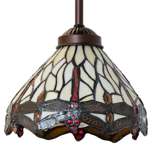 Meyda Lighting Tiffany Hanginghead Dragonfly 7" Mahogany Bronze Mini Pendant Light With Ruby & Beige Shade Glass