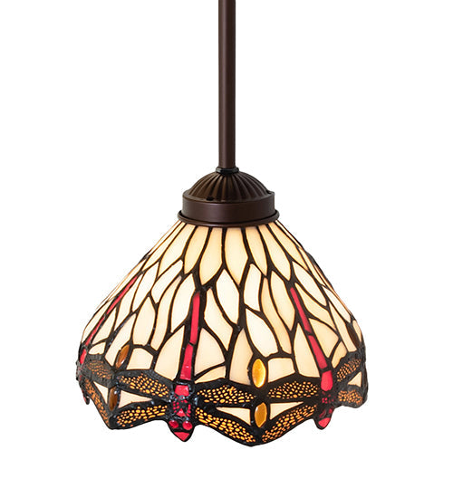 Meyda Lighting Tiffany Hanginghead Dragonfly 7" Mahogany Bronze Mini Pendant Light With Ruby & Beige Shade Glass