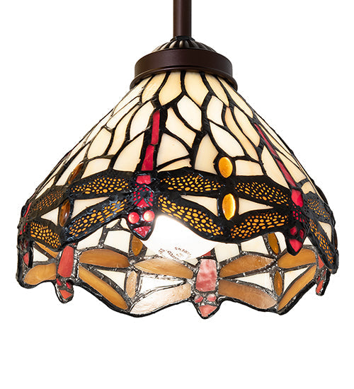 Meyda Lighting Tiffany Hanginghead Dragonfly 7" Mahogany Bronze Mini Pendant Light With Ruby & Beige Shade Glass