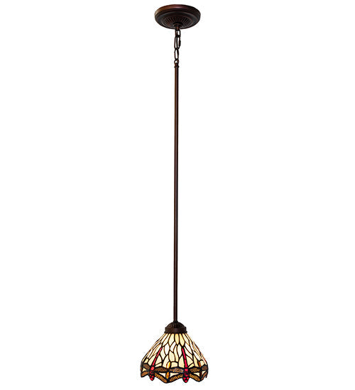 Meyda Lighting Tiffany Hanginghead Dragonfly 7" Mahogany Bronze Mini Pendant Light With Ruby & Beige Shade Glass