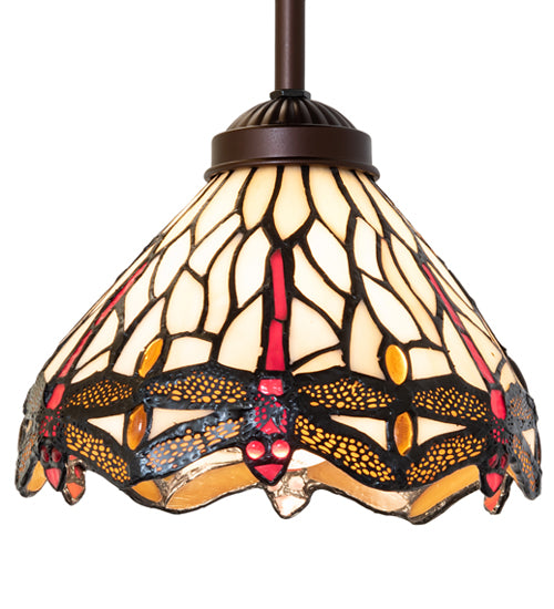 Meyda Lighting Tiffany Hanginghead Dragonfly 7" Mahogany Bronze Mini Pendant Light With Ruby & Beige Shade Glass