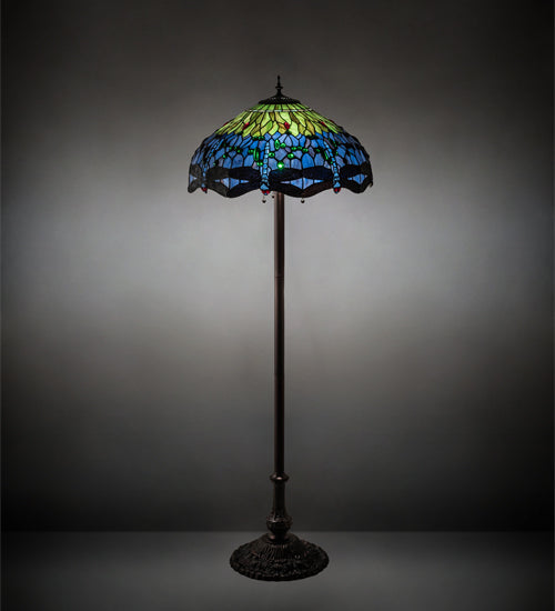 Meyda Lighting Tiffany Hanginghead Dragonfly 70021 62" 3-Light Mahogany Bronze Floor Lamp With Green & Blue Shade Glass