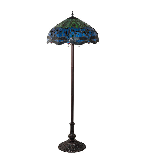 Meyda Lighting Tiffany Hanginghead Dragonfly 70021 62" 3-Light Mahogany Bronze Floor Lamp With Green & Blue Shade Glass