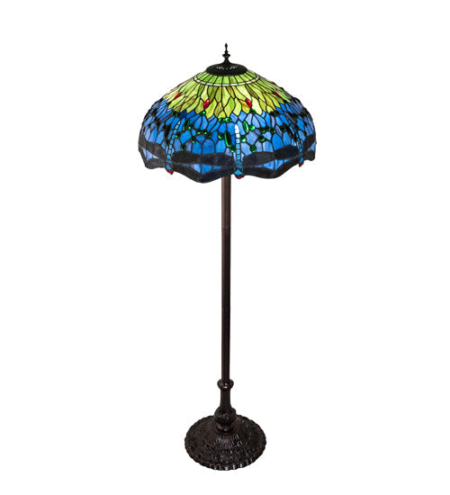 Meyda Lighting Tiffany Hanginghead Dragonfly 70021 62" 3-Light Mahogany Bronze Floor Lamp With Green & Blue Shade Glass