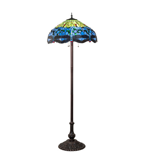 Meyda Lighting Tiffany Hanginghead Dragonfly 70021 62" 3-Light Mahogany Bronze Floor Lamp With Green & Blue Shade Glass