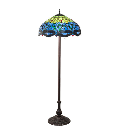 Meyda Lighting Tiffany Hanginghead Dragonfly 70021 62" 3-Light Mahogany Bronze Floor Lamp With Green & Blue Shade Glass