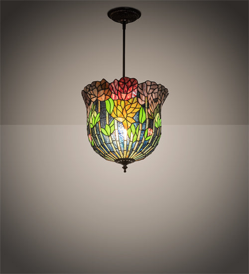 Meyda Lighting Tiffany Honey Locust 14" Mahogany Bronze Inverted Pendant Light With Multi-Colored Stained Shade Glass