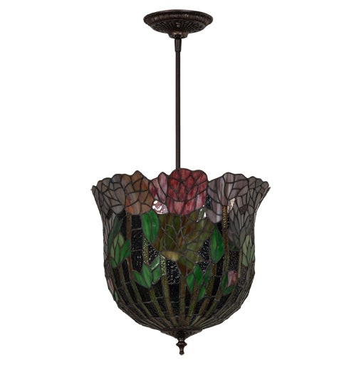 Meyda Lighting Tiffany Honey Locust 14" Mahogany Bronze Inverted Pendant Light With Multi-Colored Stained Shade Glass