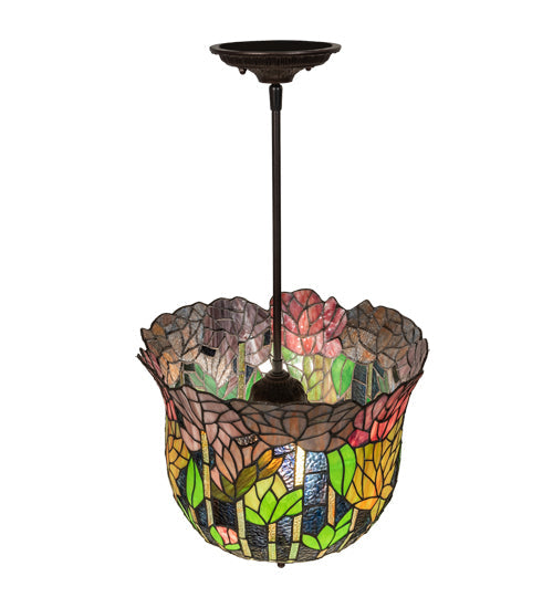 Meyda Lighting Tiffany Honey Locust 14" Mahogany Bronze Inverted Pendant Light With Multi-Colored Stained Shade Glass